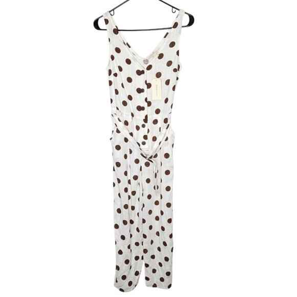 Monteau Los Angeles Polka Dot Sleeveless Jumpsuit Belt S Rayon Linen Cream Brown - Picture 1 of 12